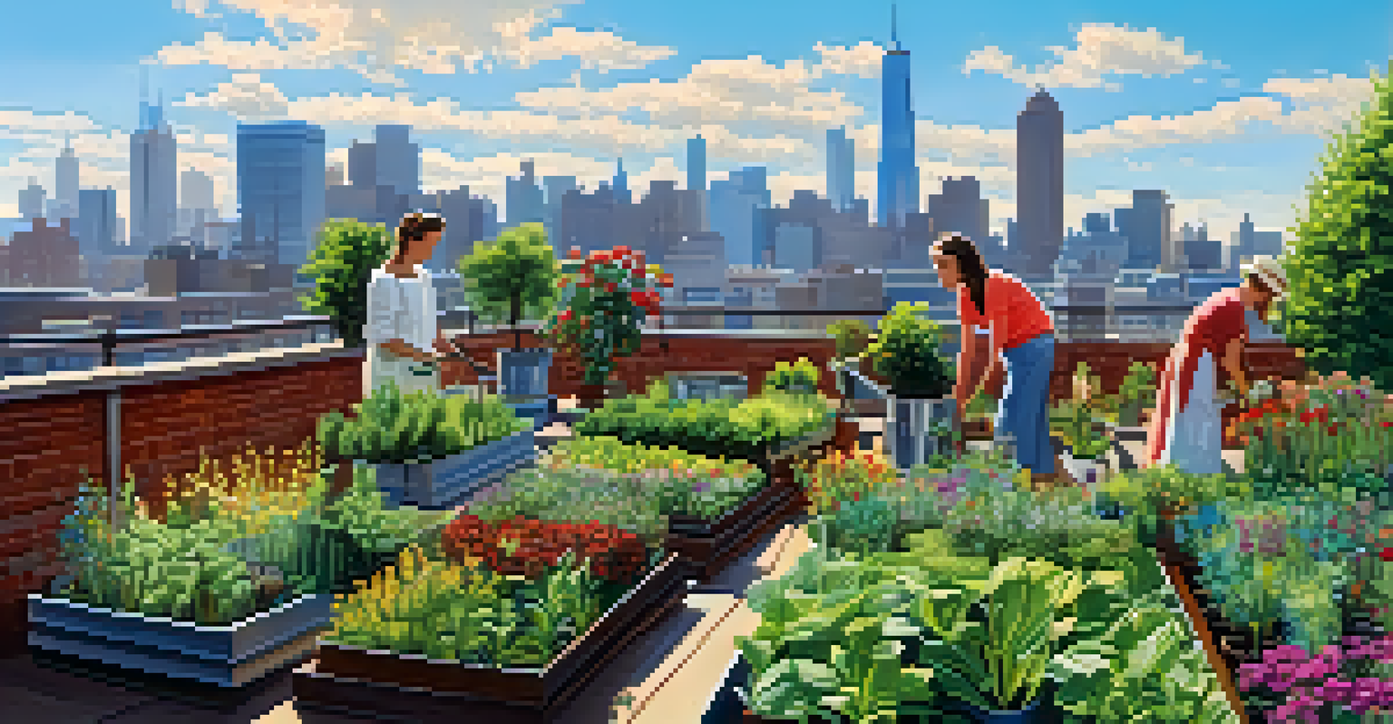 An urban rooftop garden with various plants and flowers, with people gardening against a city skyline.