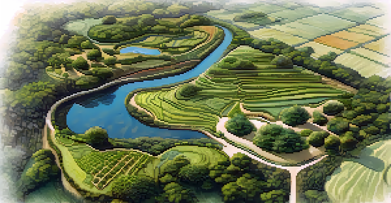 Aerial view of a permaculture landscape with swales for water management, diverse native plants, and companion planting.