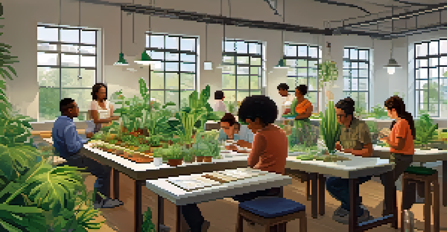 A community workshop on plant taxonomy with diverse participants examining plants and a classification chart in the background.