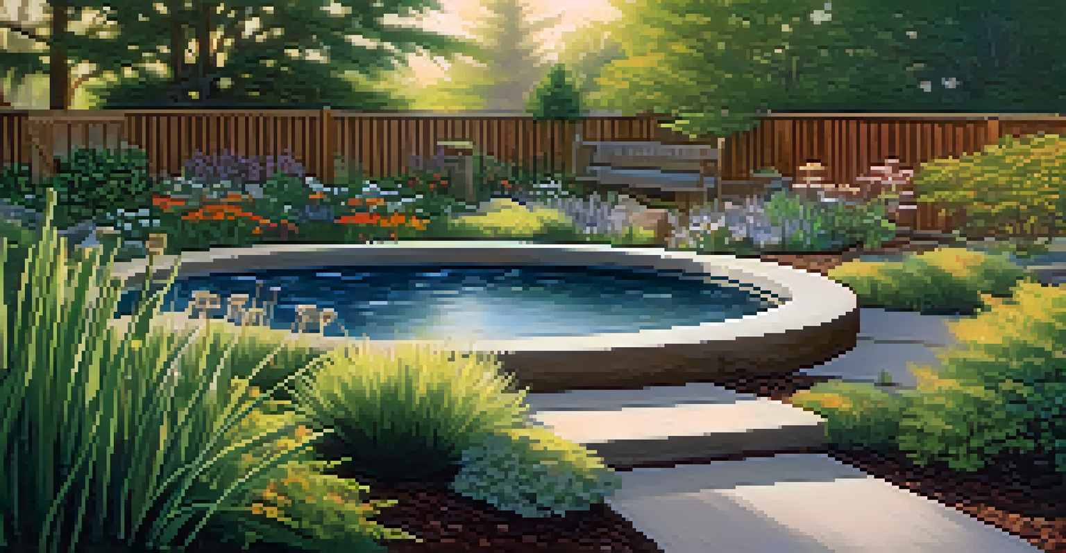 A tranquil wildlife-friendly garden with a water feature, birdbath, and diverse native plants, bathed in soft evening light.