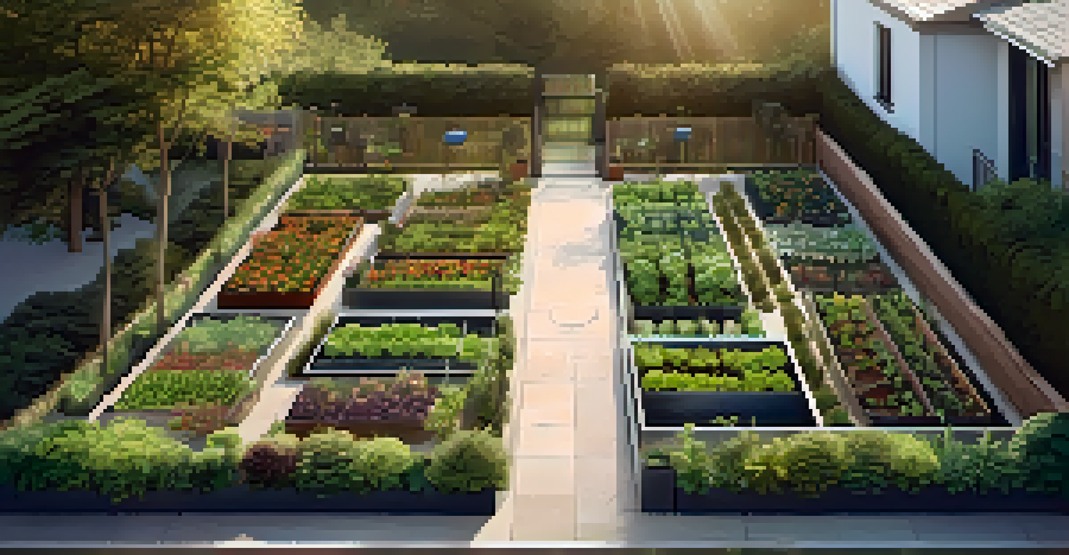 An aerial view of a neatly organized vegetable garden with raised beds and clear pathways, lit by golden sunlight.