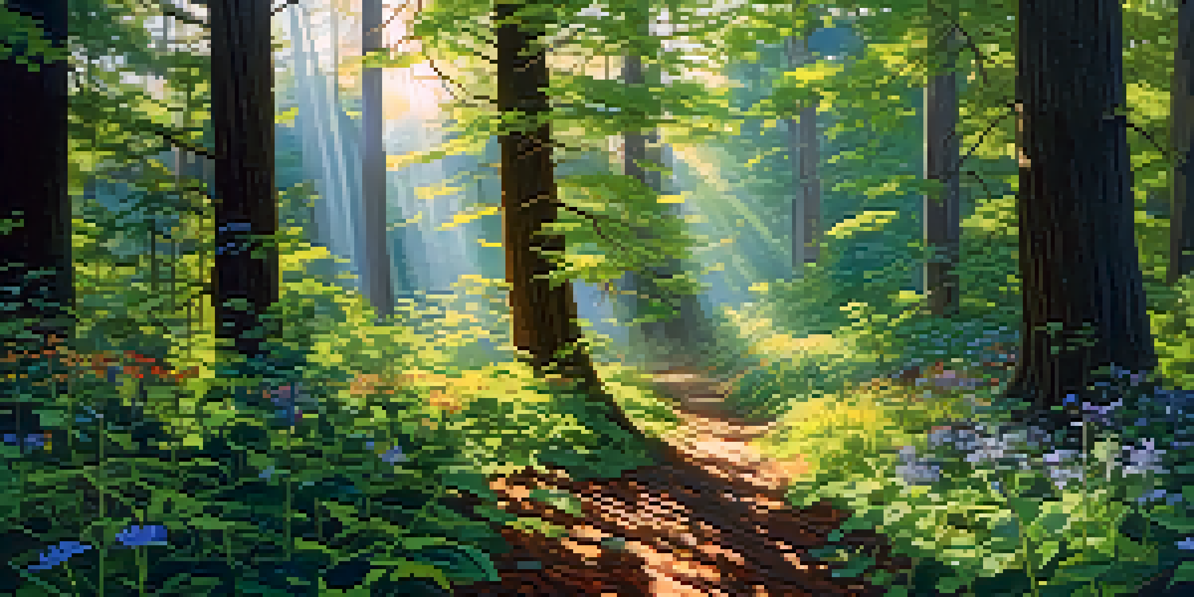 A lush forest filled with diverse plants, including tall trees and colorful wildflowers, with sunlight filtering through the leaves.