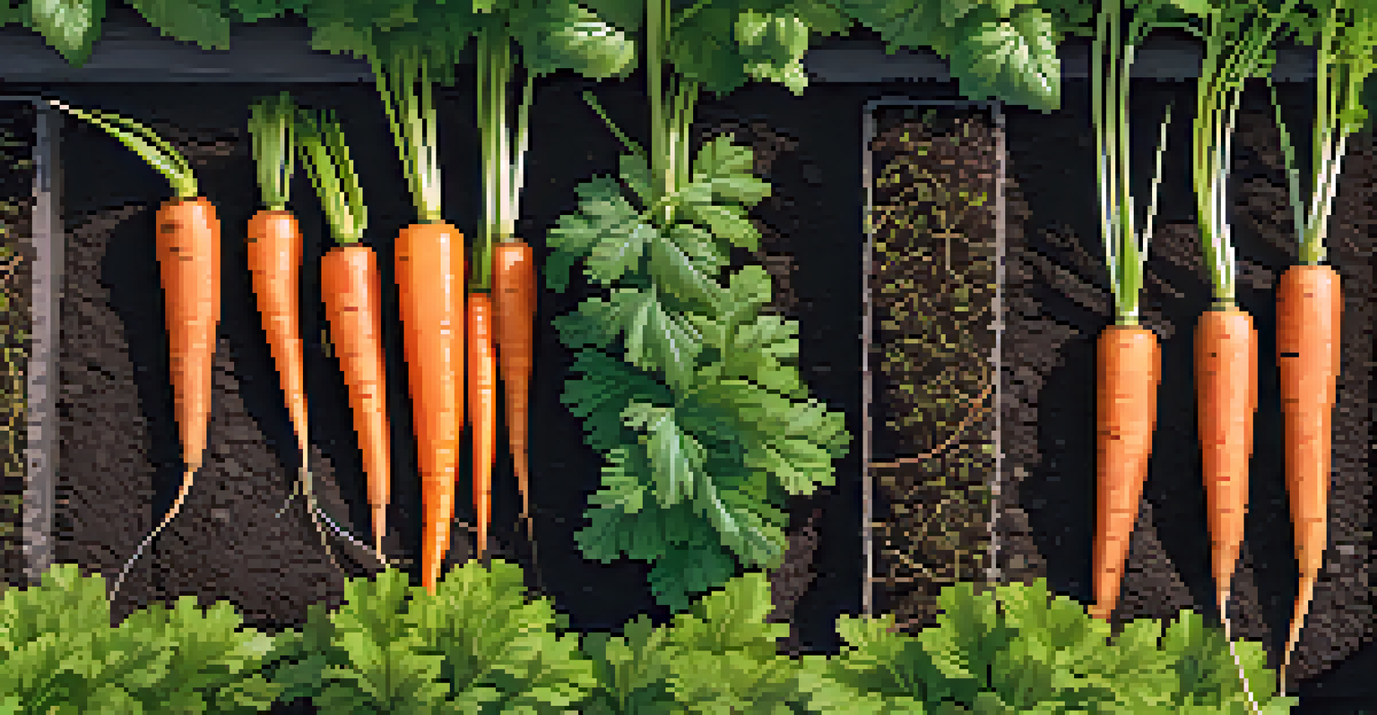 An overhead view of a garden bed showing tomato plants and carrot tops growing together in rich soil.