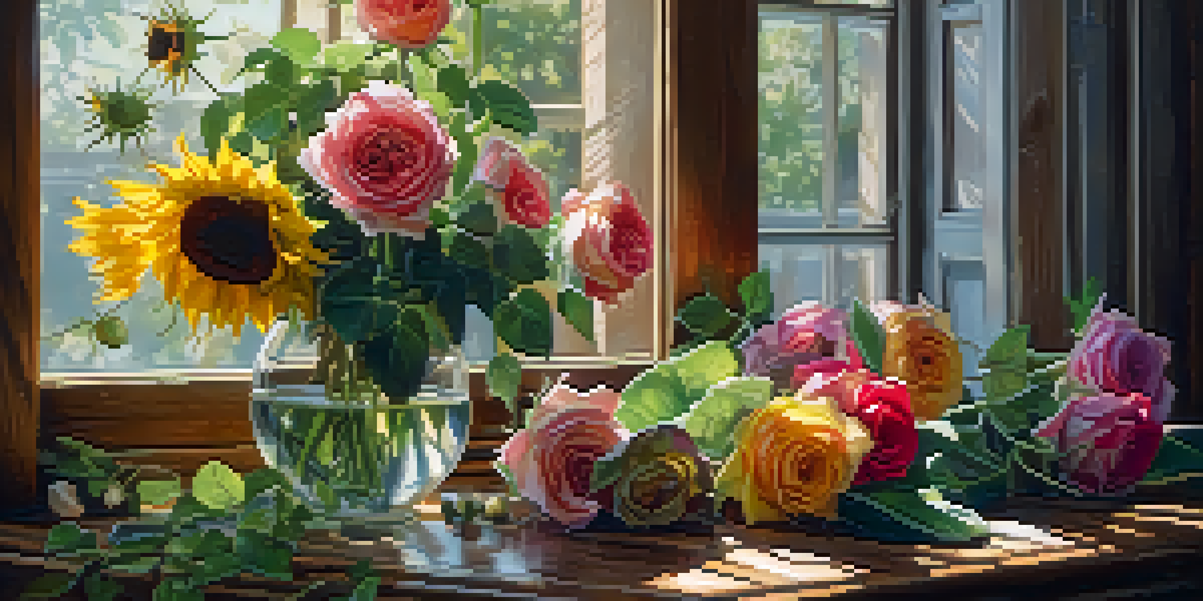 A collection of various plants including roses and sunflowers on a wooden table with sunlight filtering in, creating soft shadows.