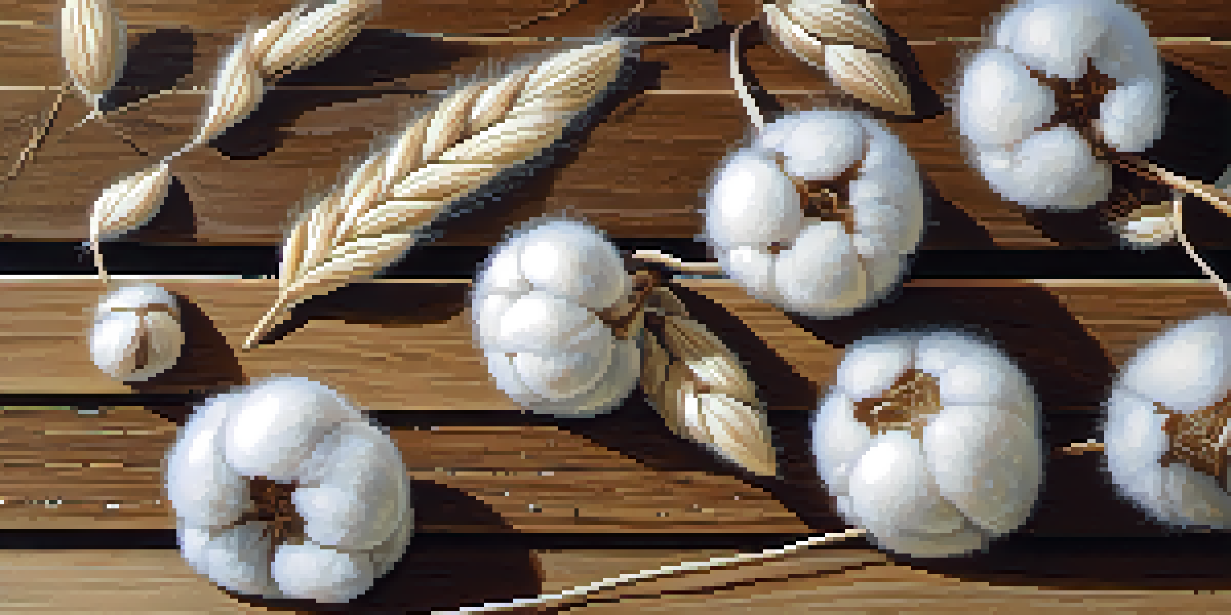 A close-up view of raw plant fibers including cotton, linen, and hemp on a wooden surface, illuminated by soft sunlight.