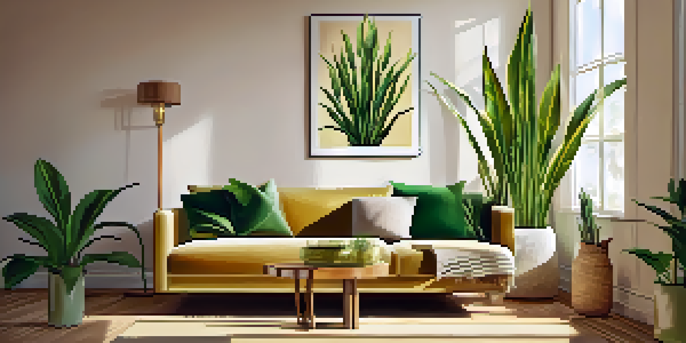 A living room with a tall Snake Plant in the corner, sunlight filtering through a window, and a beige sofa with cushions.