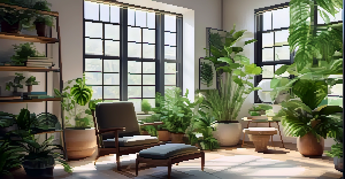 An indoor space decorated with various green plants, sunlight filtering through a window, and a cozy reading nook.