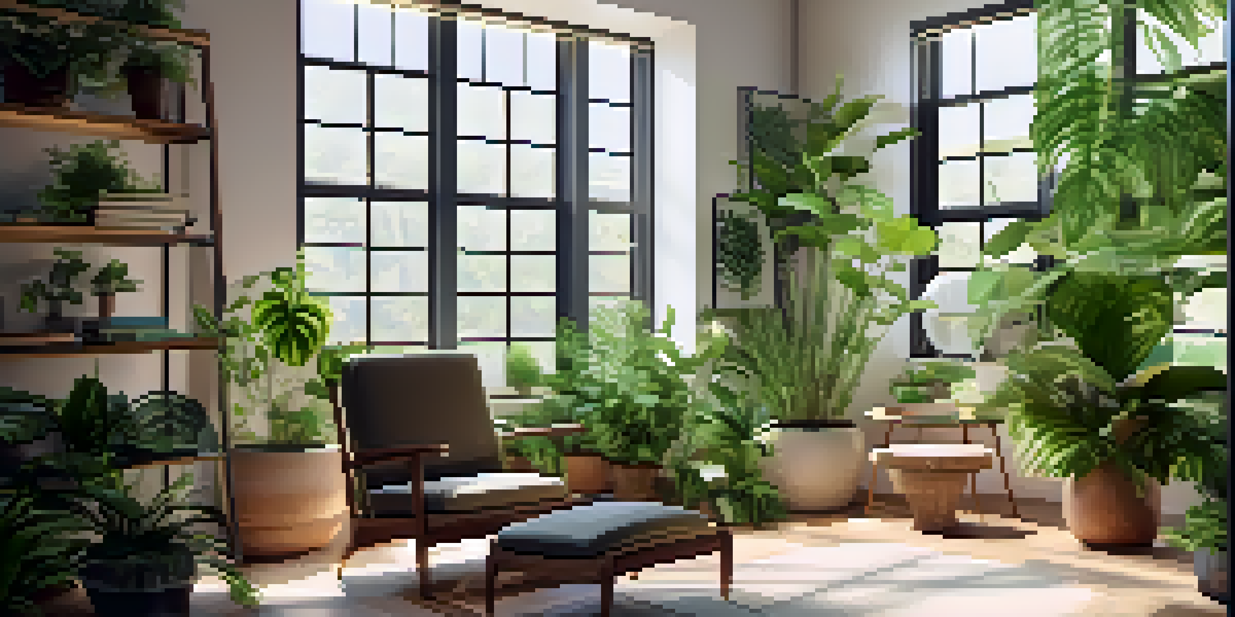 An indoor space decorated with various green plants, sunlight filtering through a window, and a cozy reading nook.