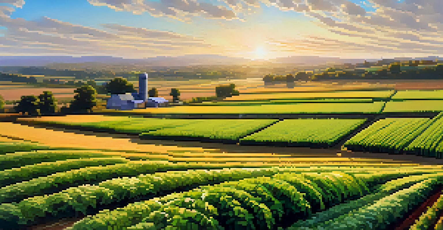 An agricultural field with rows of crops and cover crops under golden hour lighting.