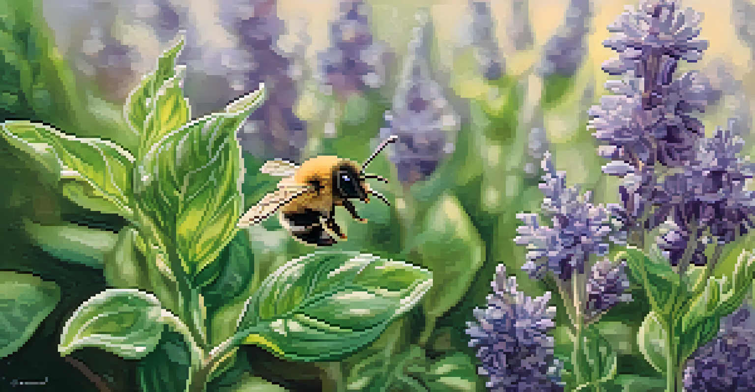 Close-up of fragrant herbs with a bee, highlighting the sensory experience of a garden.