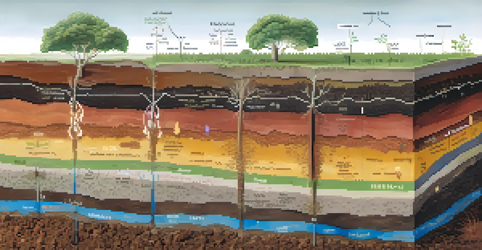 An illustrated diagram showing soil layers, pH levels, and nutrients with roots and microbes depicted in detail.