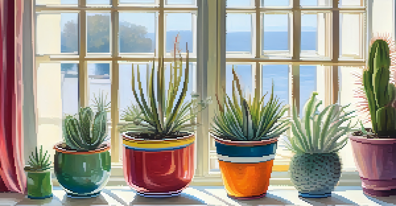 A cheerful collection of compact plants like air plants and cacti on a colorful windowsill, illuminated by bright sunlight.