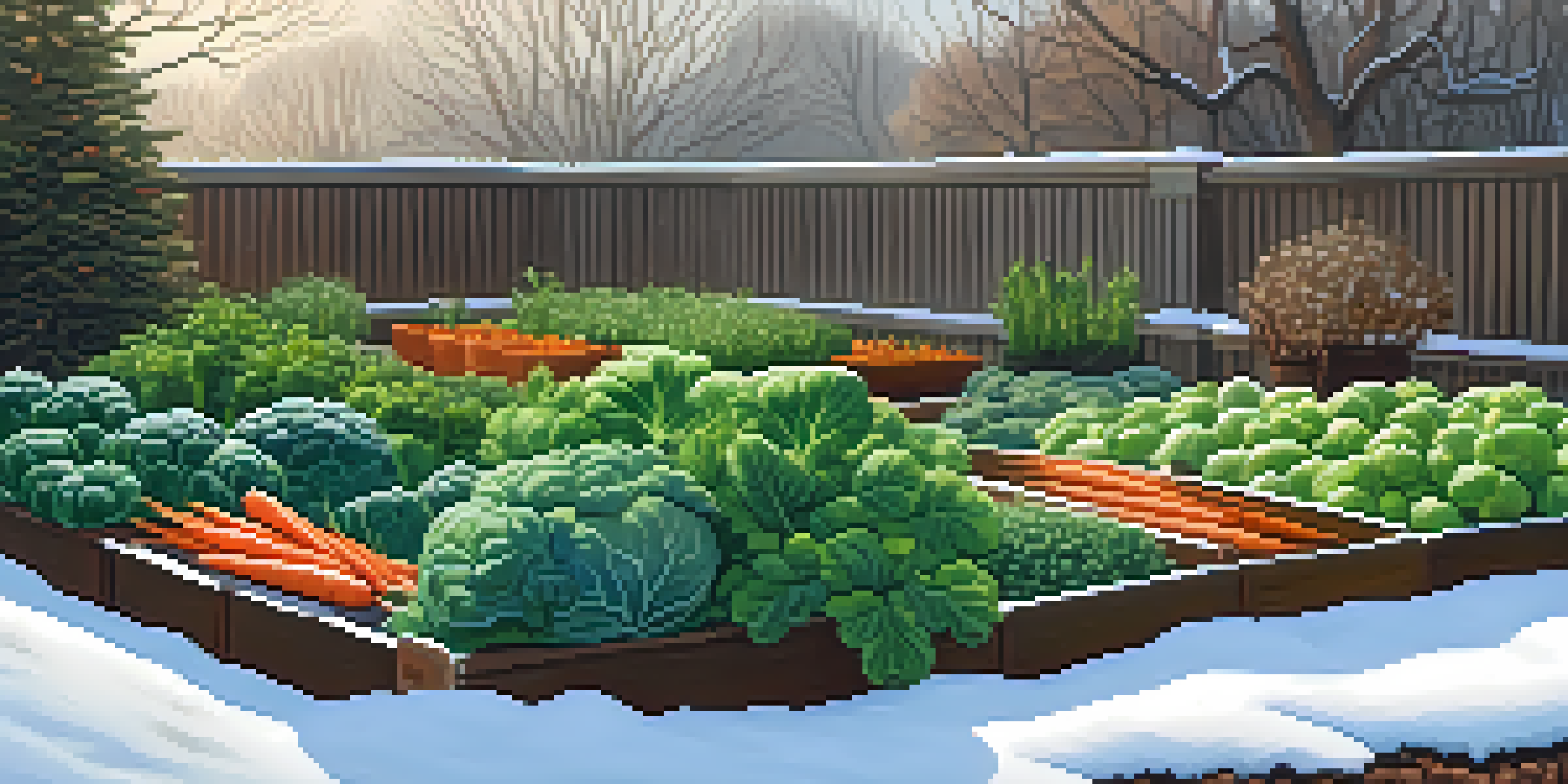 A winter garden with cold-hardy vegetables like kale and carrots, lightly dusted with snow and illuminated by soft sunlight.