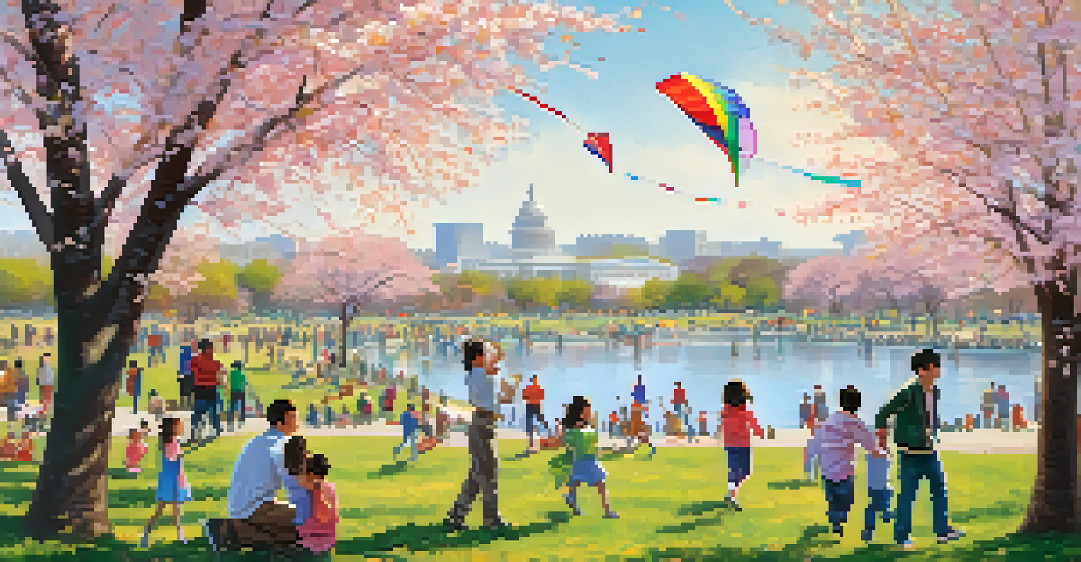 Families enjoying the Blossom Kite Festival with colorful kites flying in the sky and cherry blossom trees in the background, creating a joyful atmosphere.