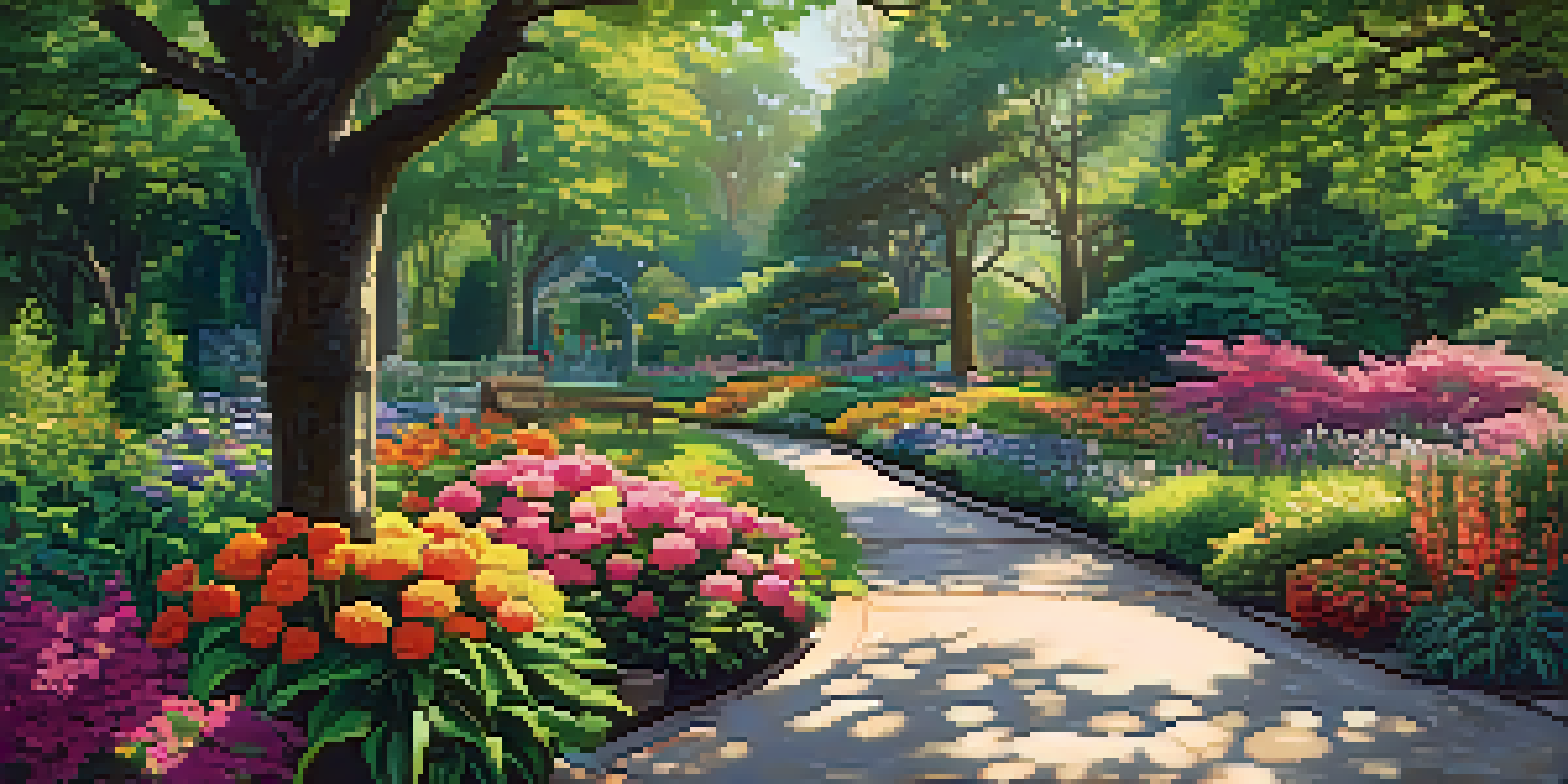 A colorful botanical garden filled with various flowers and greenery, illuminated by sunlight with a path leading through it.