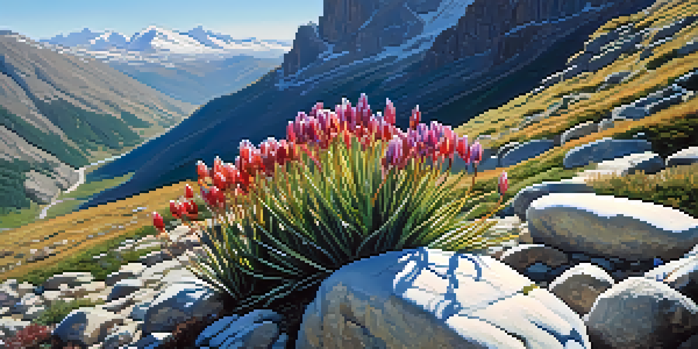 A close-up of a colorful alpine plant with thick leaves and flowers, growing among rocks, with mountains in the background.