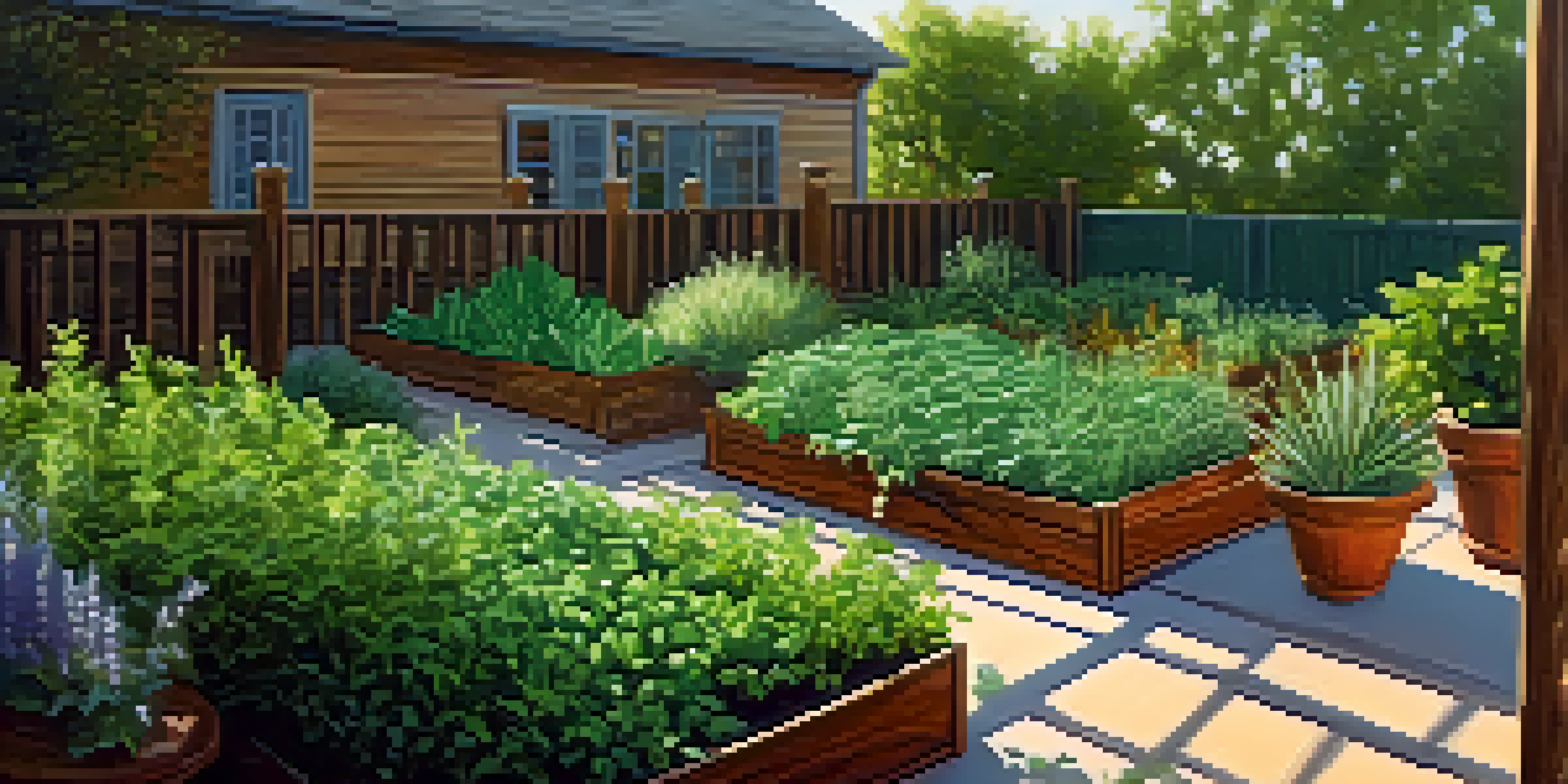 A colorful herb garden with various herbs like basil and rosemary, arranged in rows under the sunlight.