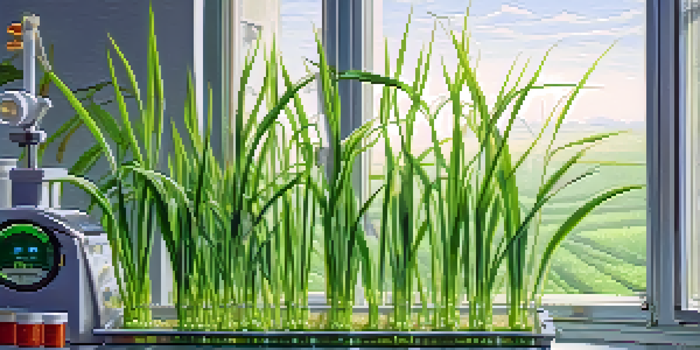 A close-up of a genetically modified rice plant in a lab with scientific equipment in the background, illuminated by soft light.