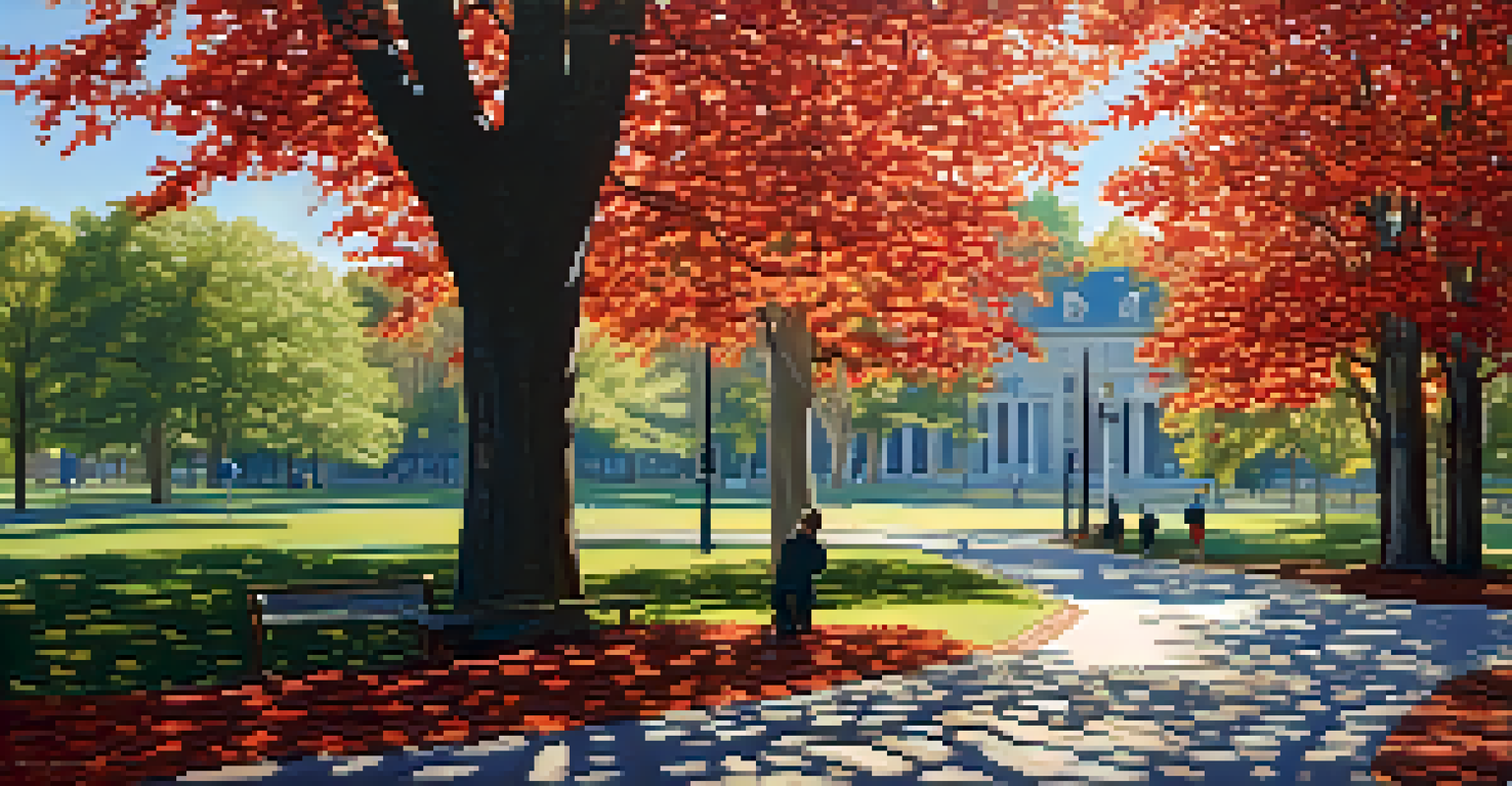 A peaceful urban park with tall trees and a path lined with shrubs, bathed in sunlight.