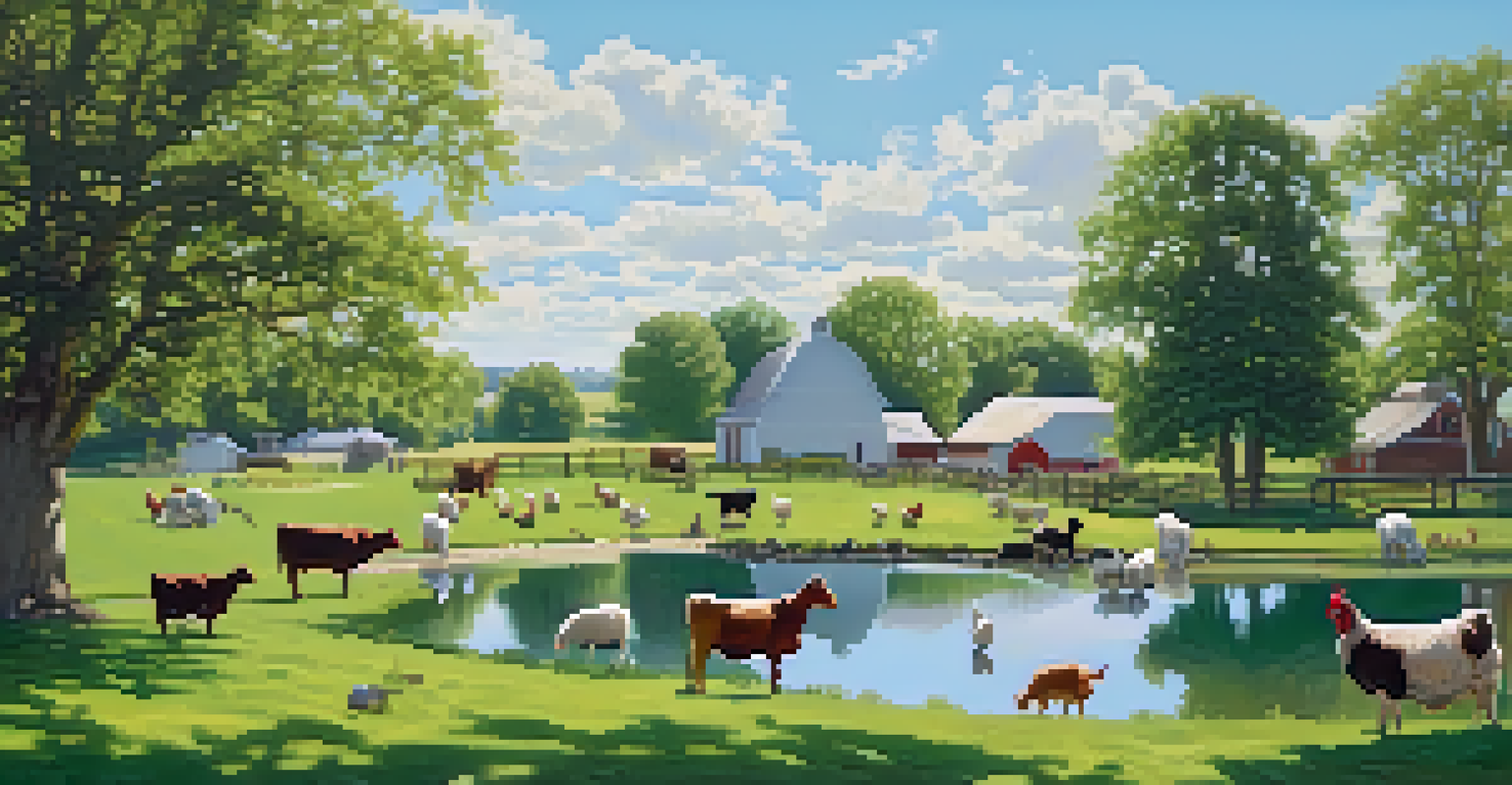 A harmonious farm with various livestock grazing and a vegetable garden in the background.