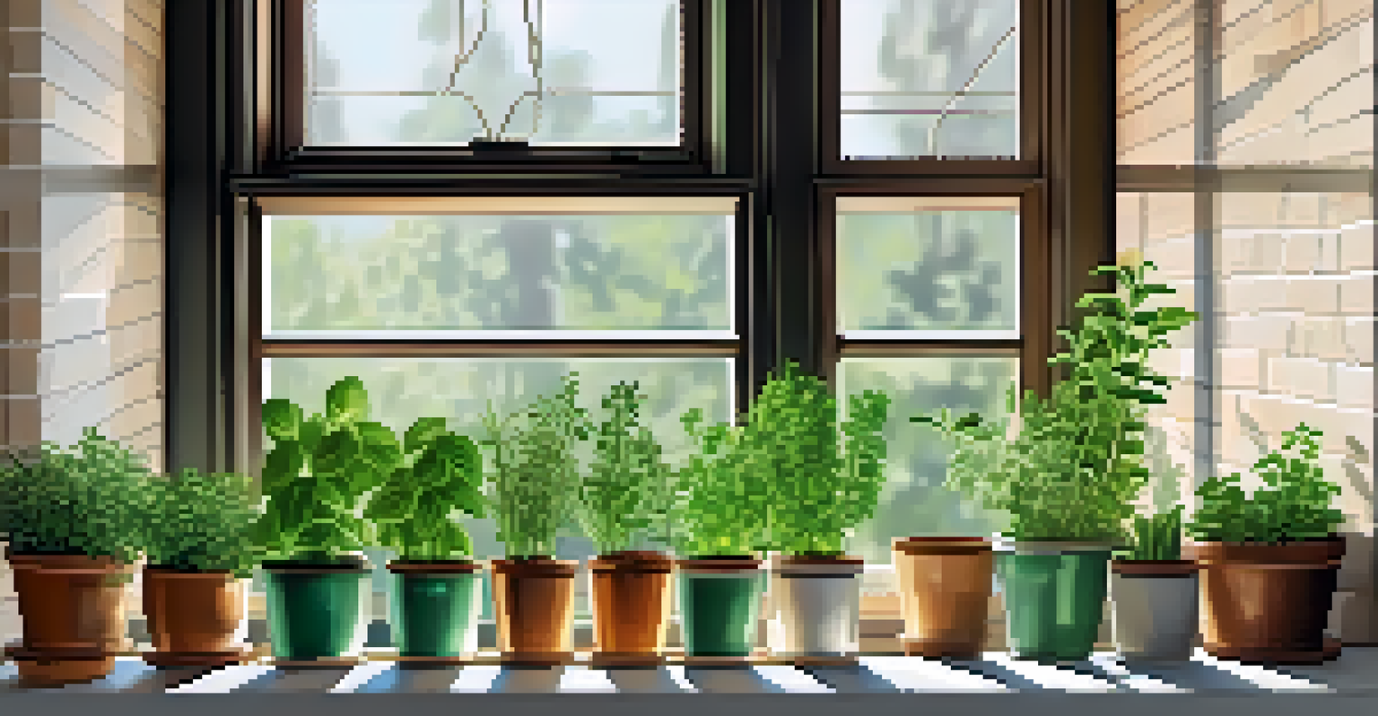 A bright kitchen featuring a windowsill with herbs in stylish pots, including basil, rosemary, and mint, illuminated by sunlight.