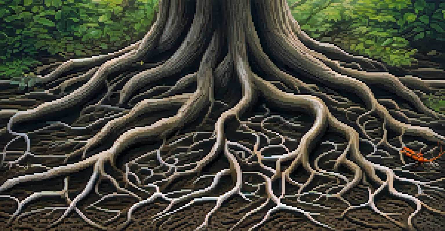 A close-up of tree roots in dark soil, showing how plants stabilize the ground and support soil health.