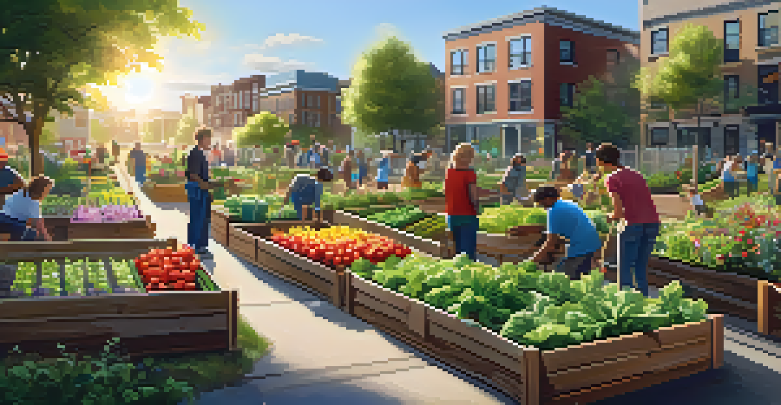 A community garden with colorful vegetables and flowers, where residents plant and water together, surrounded by a wooden fence and urban buildings in the background.