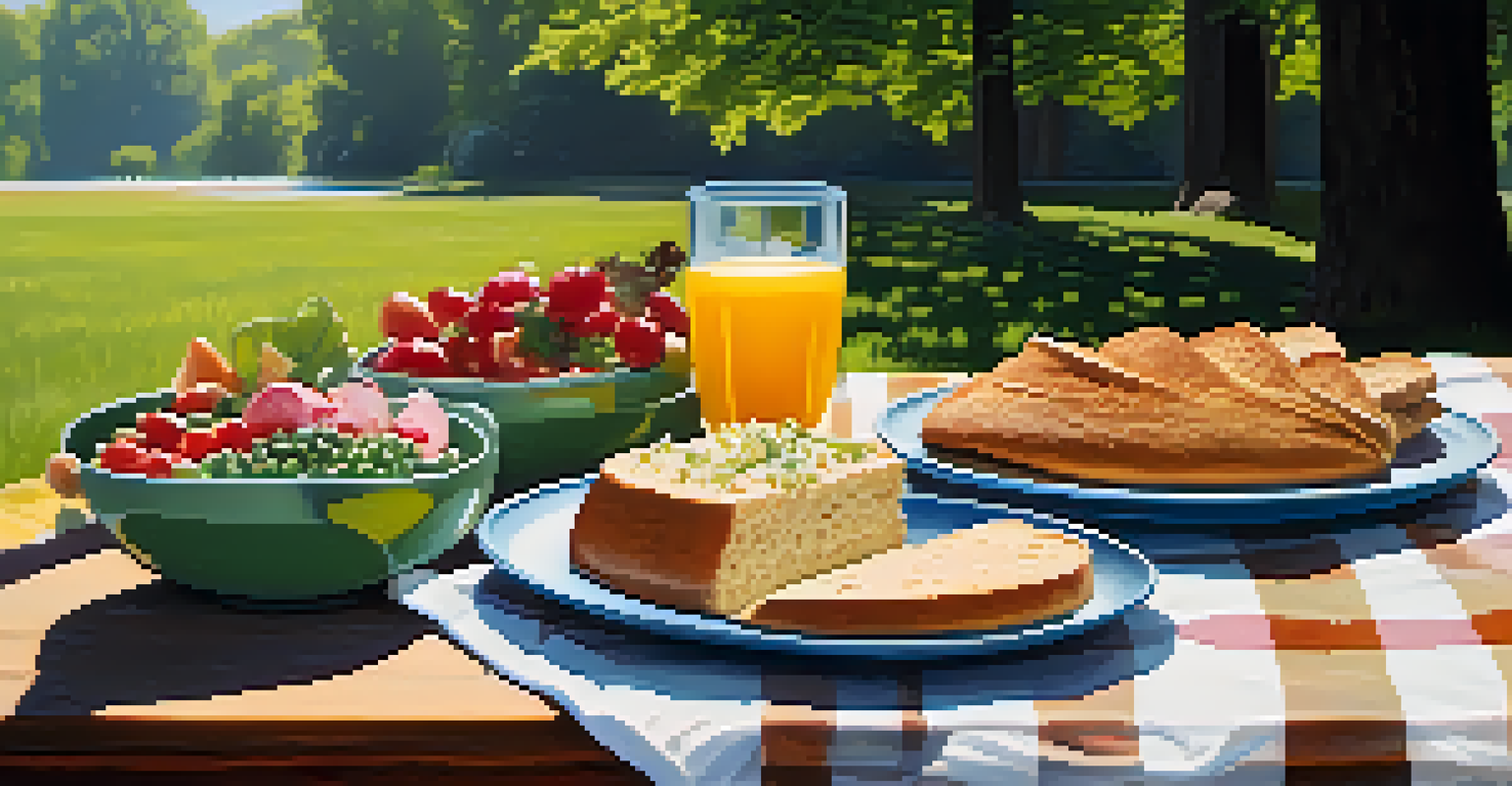 An outdoor picnic with a spread of plant-based dishes on a blanket under the trees.