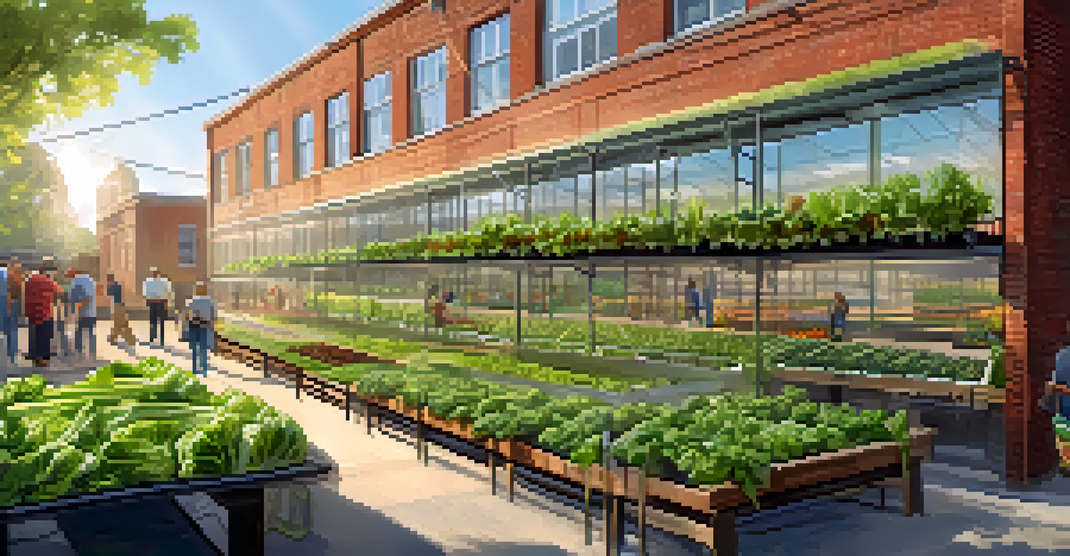 A community vertical farm with diverse people working together to grow vegetables in an urban setting.