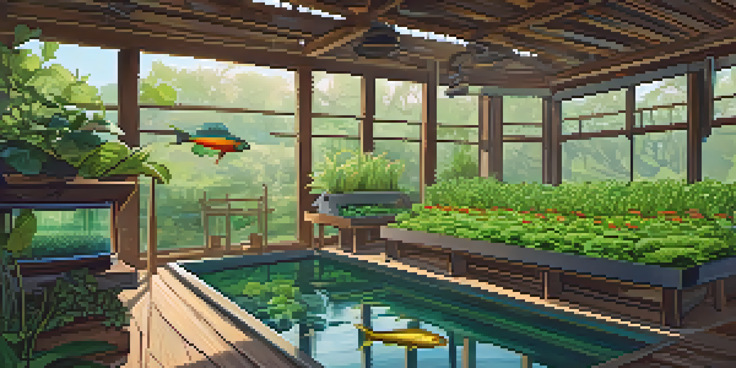 A colorful aquaponics system showcasing green plants growing above a tank filled with fish, illuminated by soft sunlight.