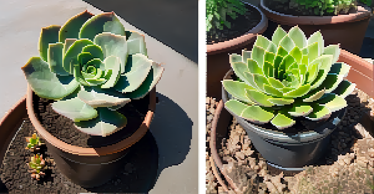 A side-by-side comparison of a droopy overwatered succulent and the same succulent after being repotted and recovering, against a plain white background.