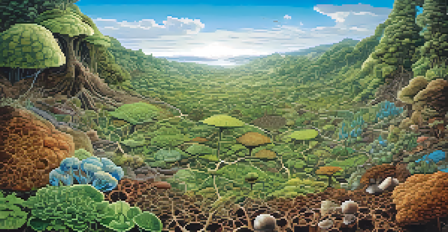 An aerial view of a diverse landscape with various plant species connected by mycorrhizal fungi beneath the soil.
