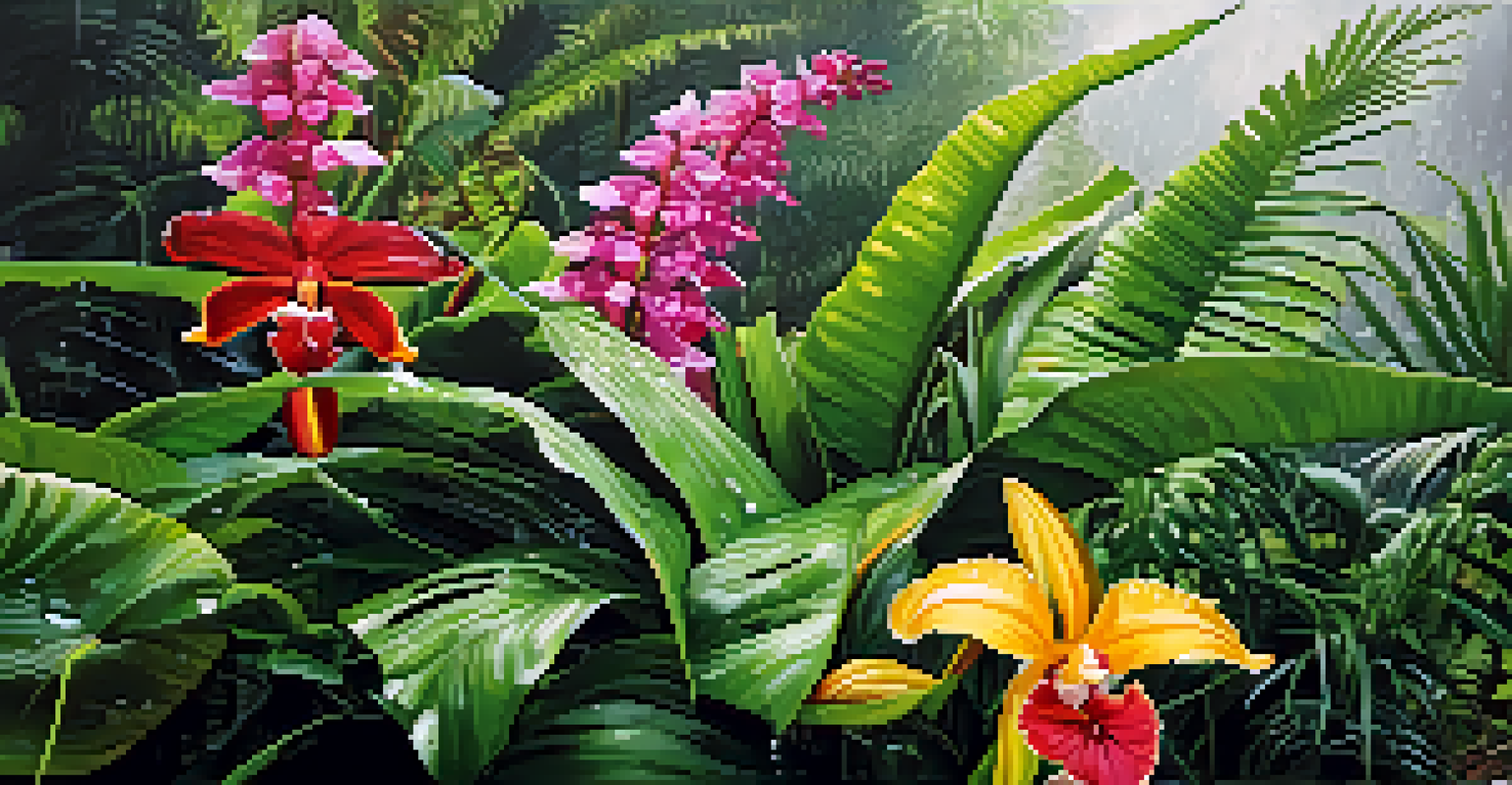 A detailed view of tropical plants with water droplets, showcasing their vibrant colors and textures.