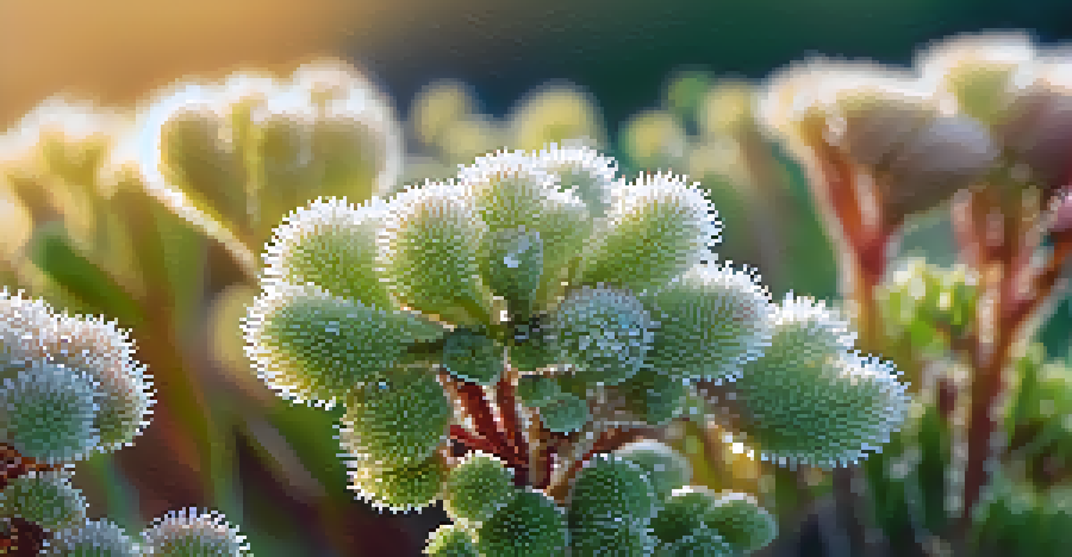 A close-up view of drought-resistant plants like sedum and ornamental grasses with dew drops in the morning light.