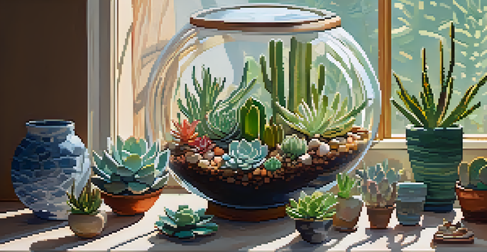 An indoor garden with colorful succulents arranged in a terrarium, illuminated by soft sunlight, showcasing their unique shapes and textures.