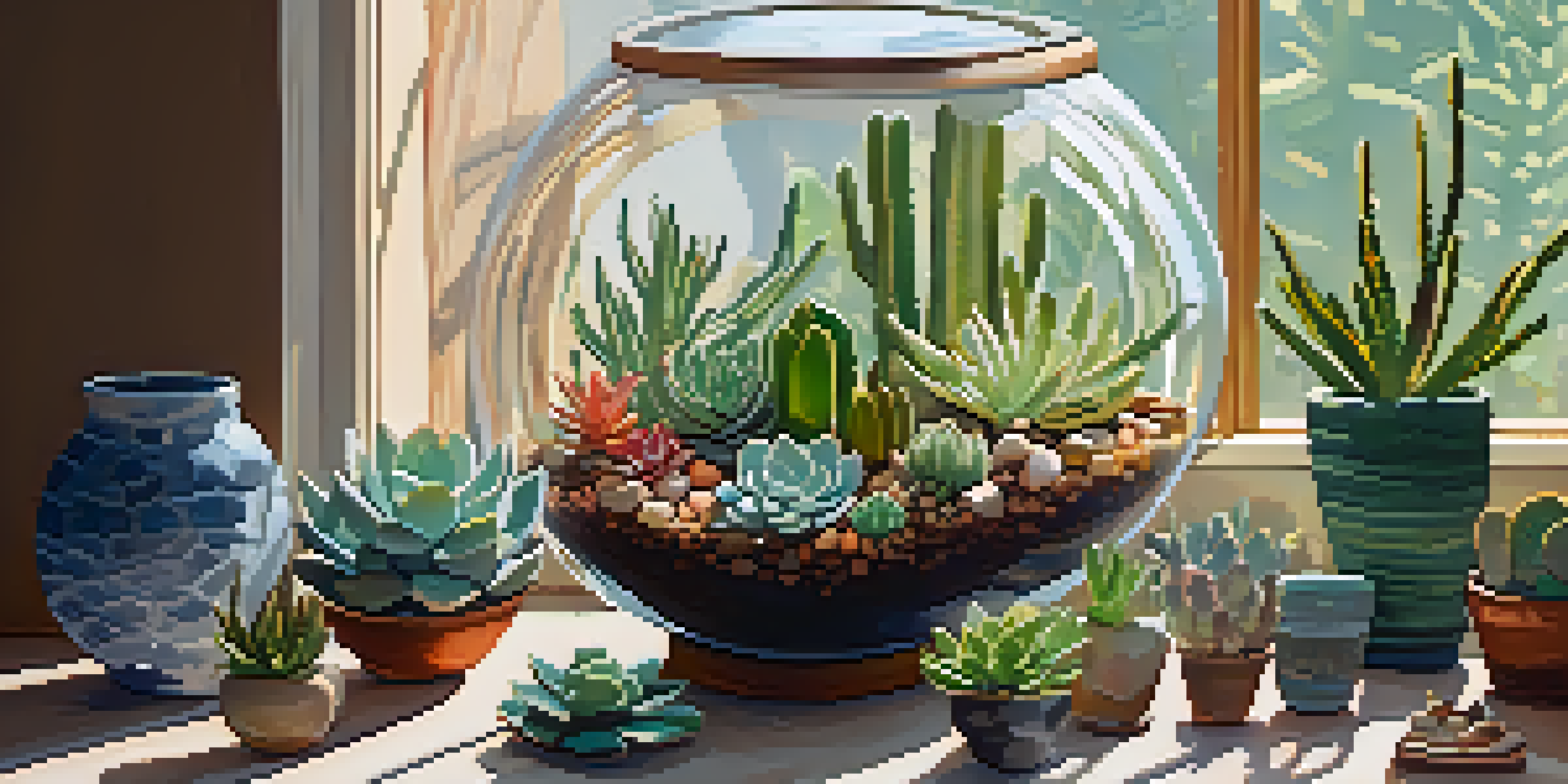 An indoor garden with colorful succulents arranged in a terrarium, illuminated by soft sunlight, showcasing their unique shapes and textures.