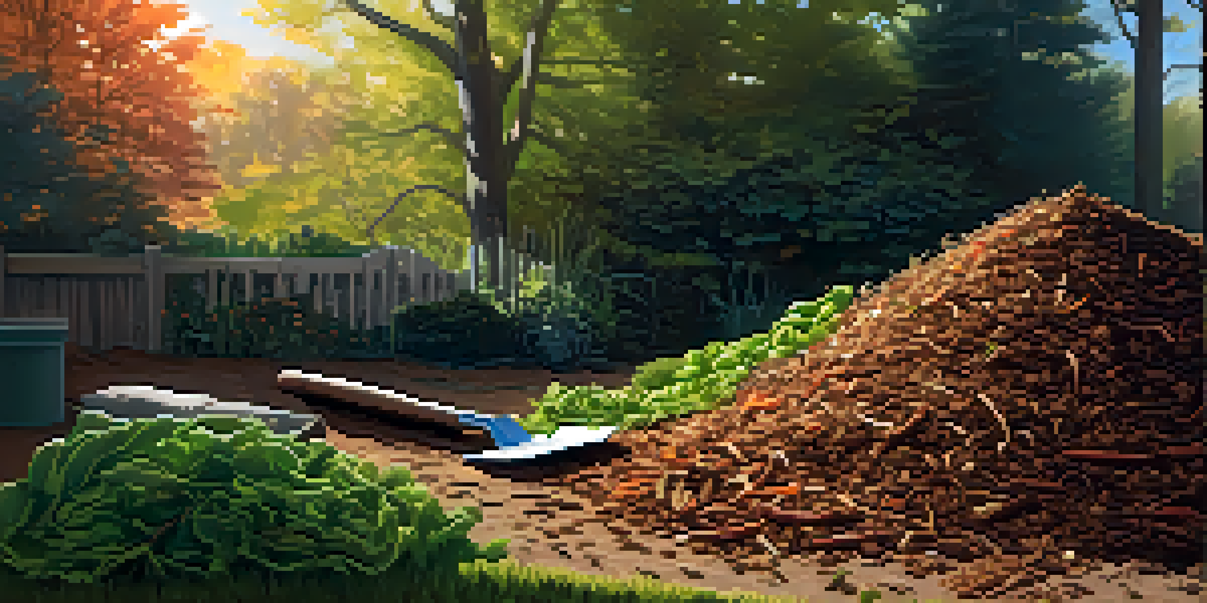 A colorful compost pile in a backyard, with layers of vegetable scraps and dried leaves, sunlight filtering through trees, and a trowel resting on the compost.