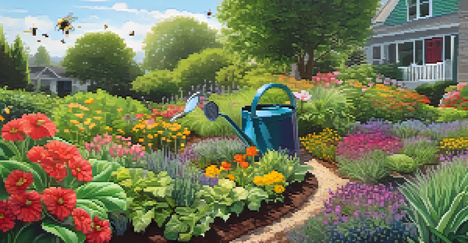 A flourishing garden bed with plants thriving in dark, crumbly compost, a watering can nearby, and bees around colorful flowers, under a bright sun.