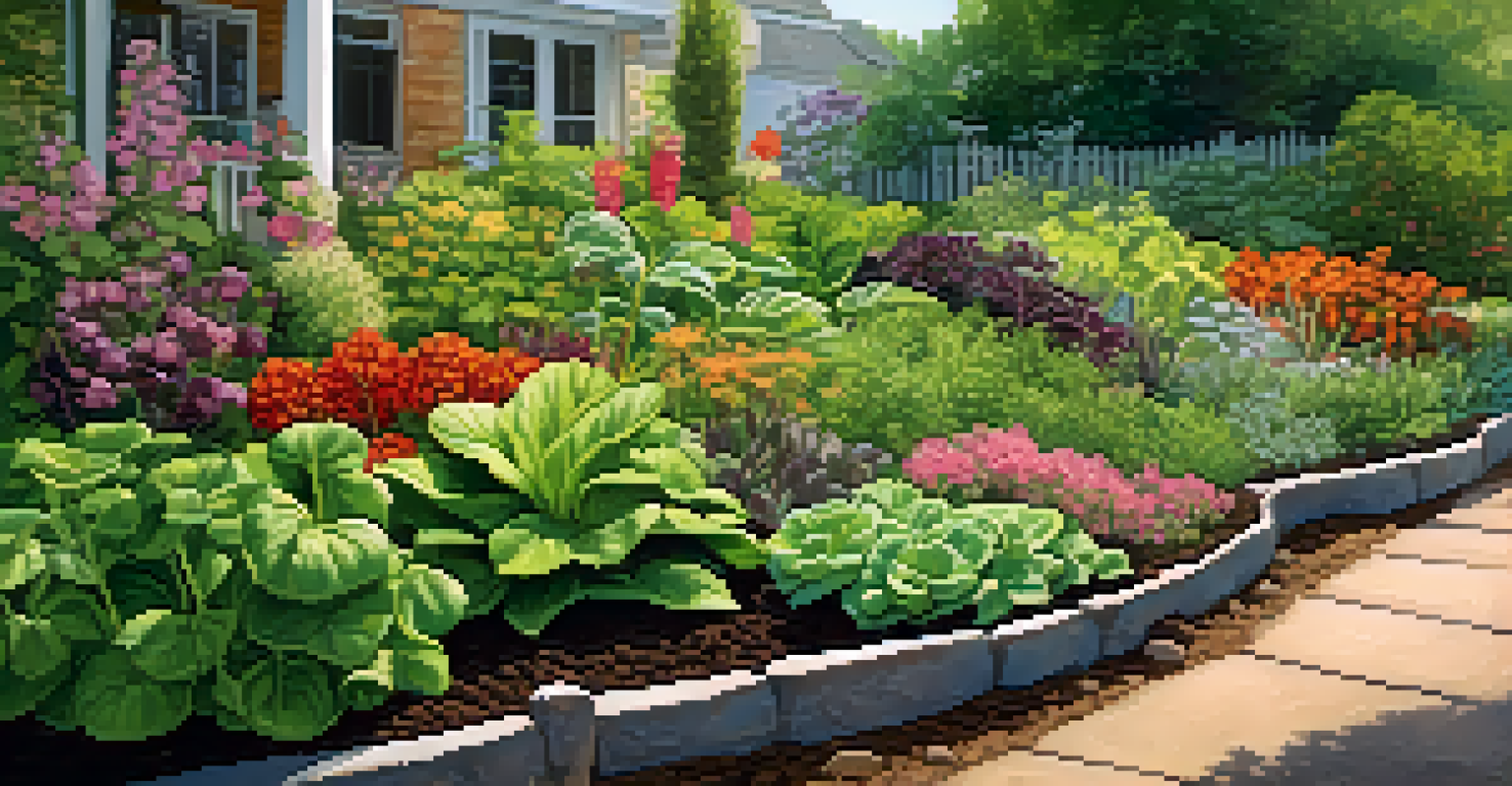 A close-up of a garden bed with various healthy plants growing together, showcasing biodiversity.