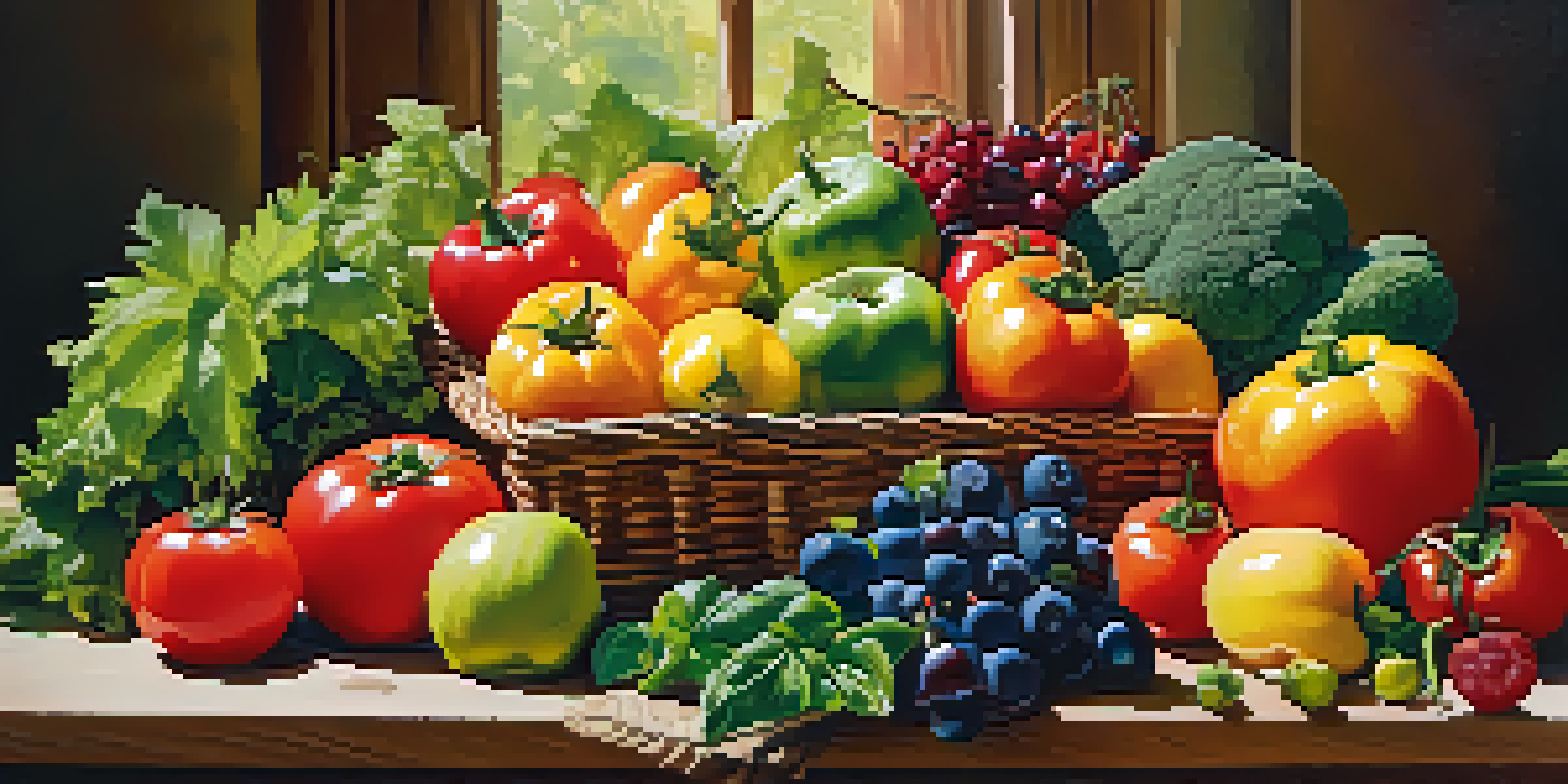 A beautifully arranged assortment of fresh fruits and vegetables on a wooden table, illuminated by natural sunlight.