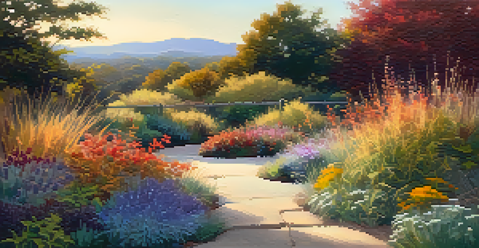 An autumn landscape of a native plant garden with colorful foliage, a winding path, and blooming wildflowers under soft sunlight.