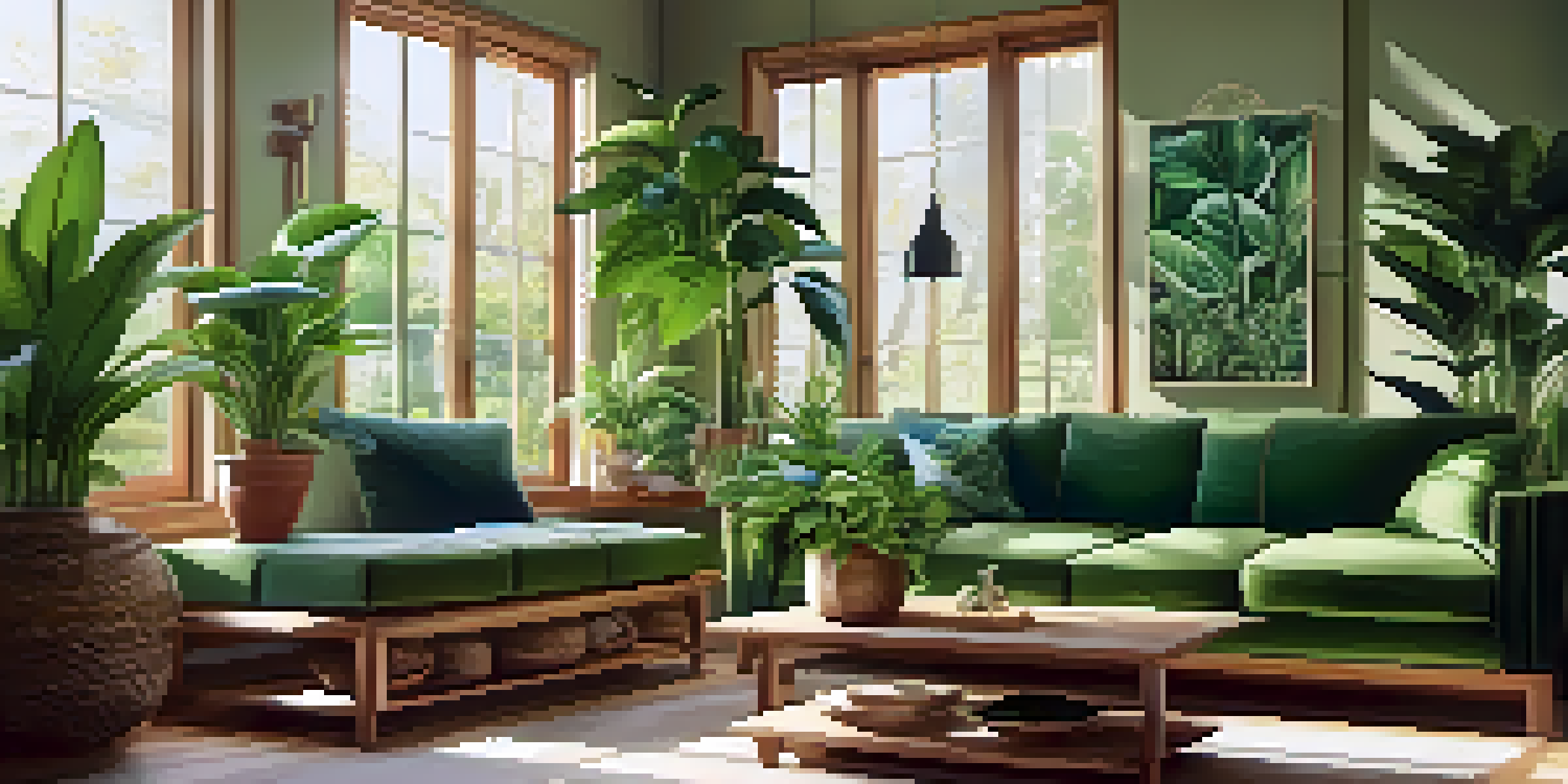 A sunlit room with various indoor plants arranged on shelves and a cozy seating area in the background.