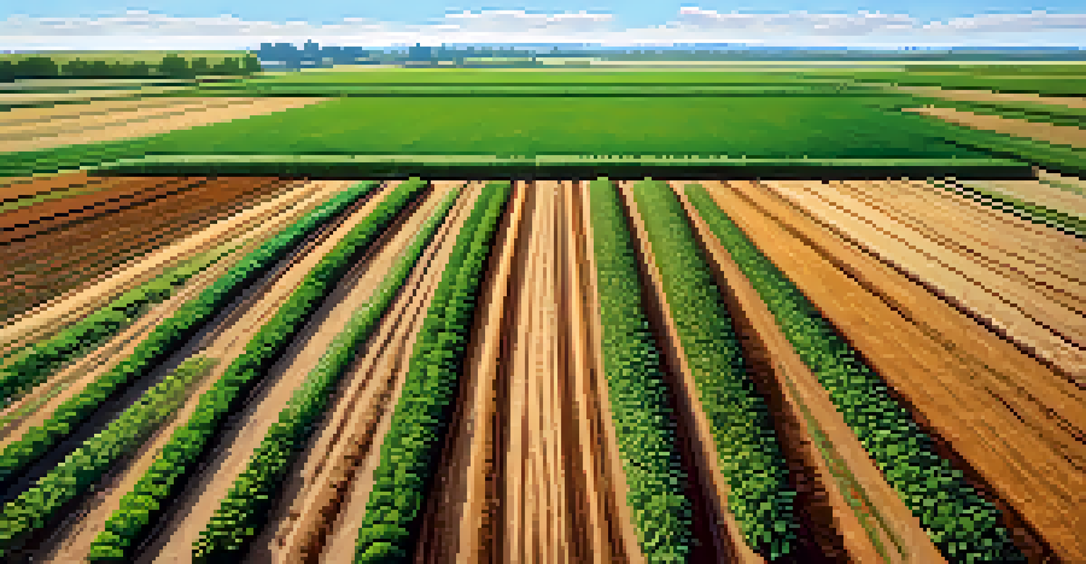 An agricultural field with diverse cover crops in green and brown, under a clear blue sky, illustrating soil protection.