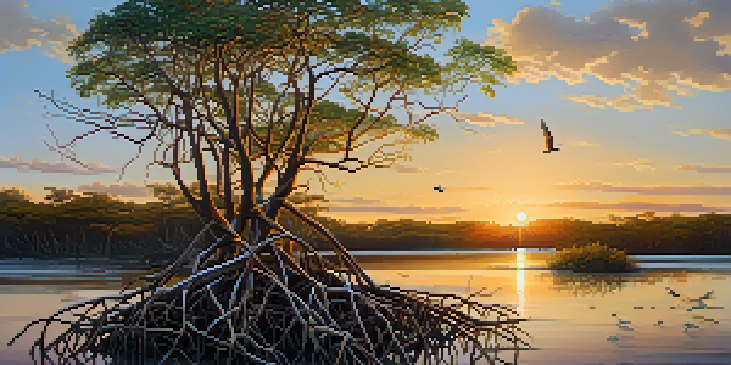 A picturesque mangrove forest at sunset, with tangled roots and birds perched on branches.