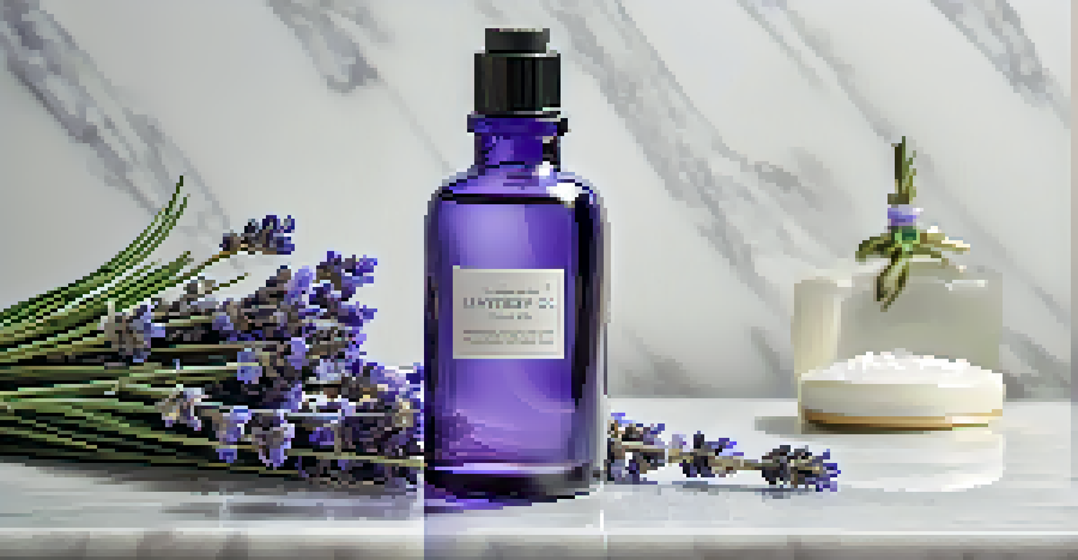 A glass bottle of lavender essential oil surrounded by fresh lavender flowers and skincare products.