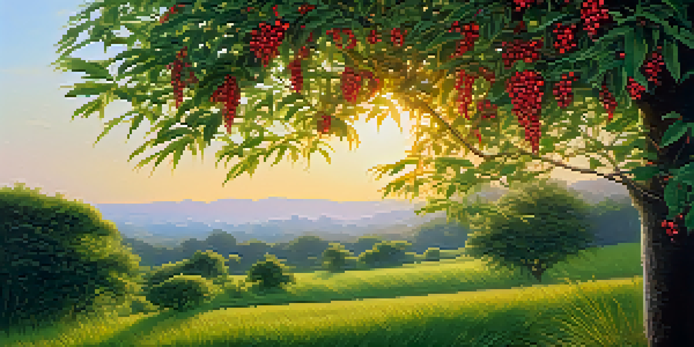 A peaceful landscape with green fields filled with ashwagandha plants and bright red berries under a warm sunset.