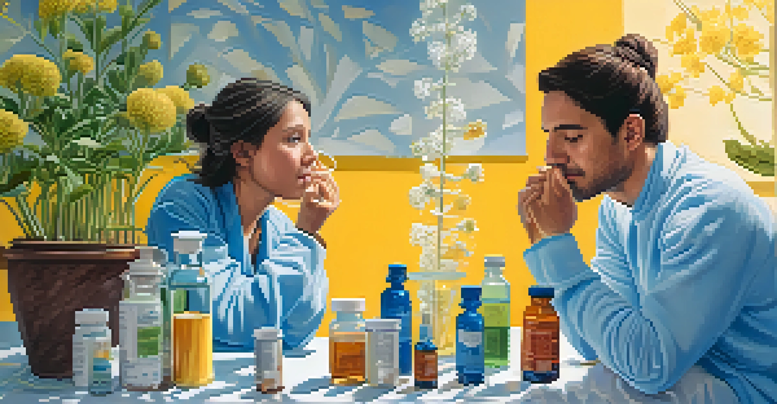 A split scene showing the concept of 'like cures like' in homeopathy, illustrating recovery from cold symptoms.