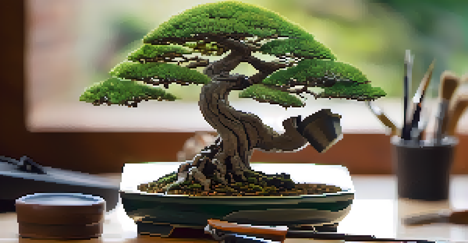 Close-up of hands pruning a bonsai tree with bonsai shears, highlighting the intricate details of the tree.