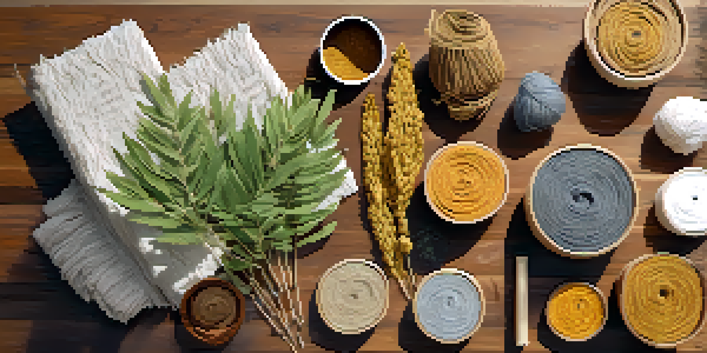 A flat lay of colorful plant fiber textiles including cotton, hemp, and flax, on a wooden surface with sunlight casting shadows.