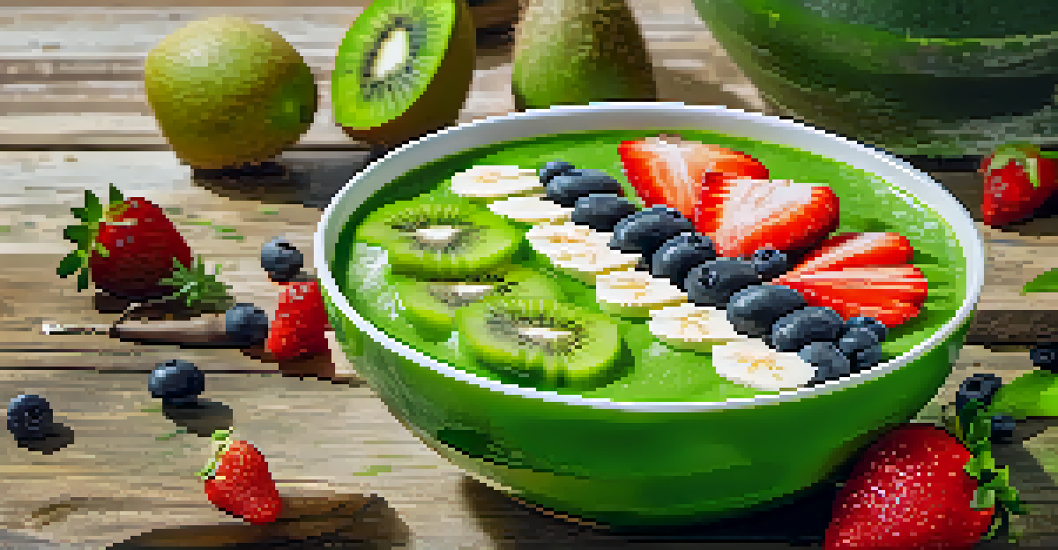 A smoothie bowl with aloe vera gel and fresh fruit toppings on a wooden table.